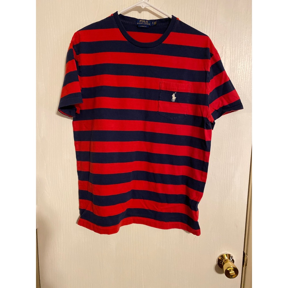 Polo Ralph Lauren Mens Classic Fit Striped Pocket T-Shirt Red Navy Blue M 0427